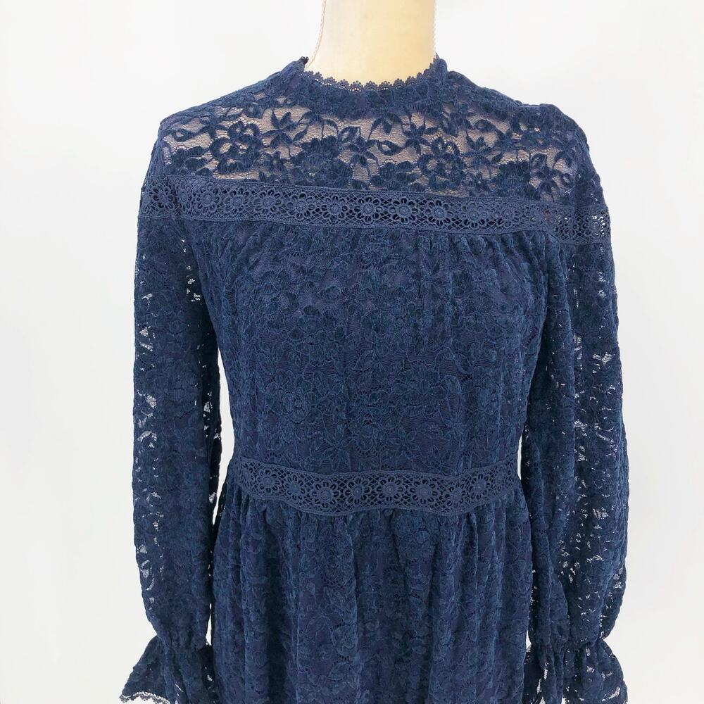 Tahari ASL Womens Chenile Lace Dress SIZE 4 Blue Long Sleeve Mock Neck NWT - Picture 4 of 13